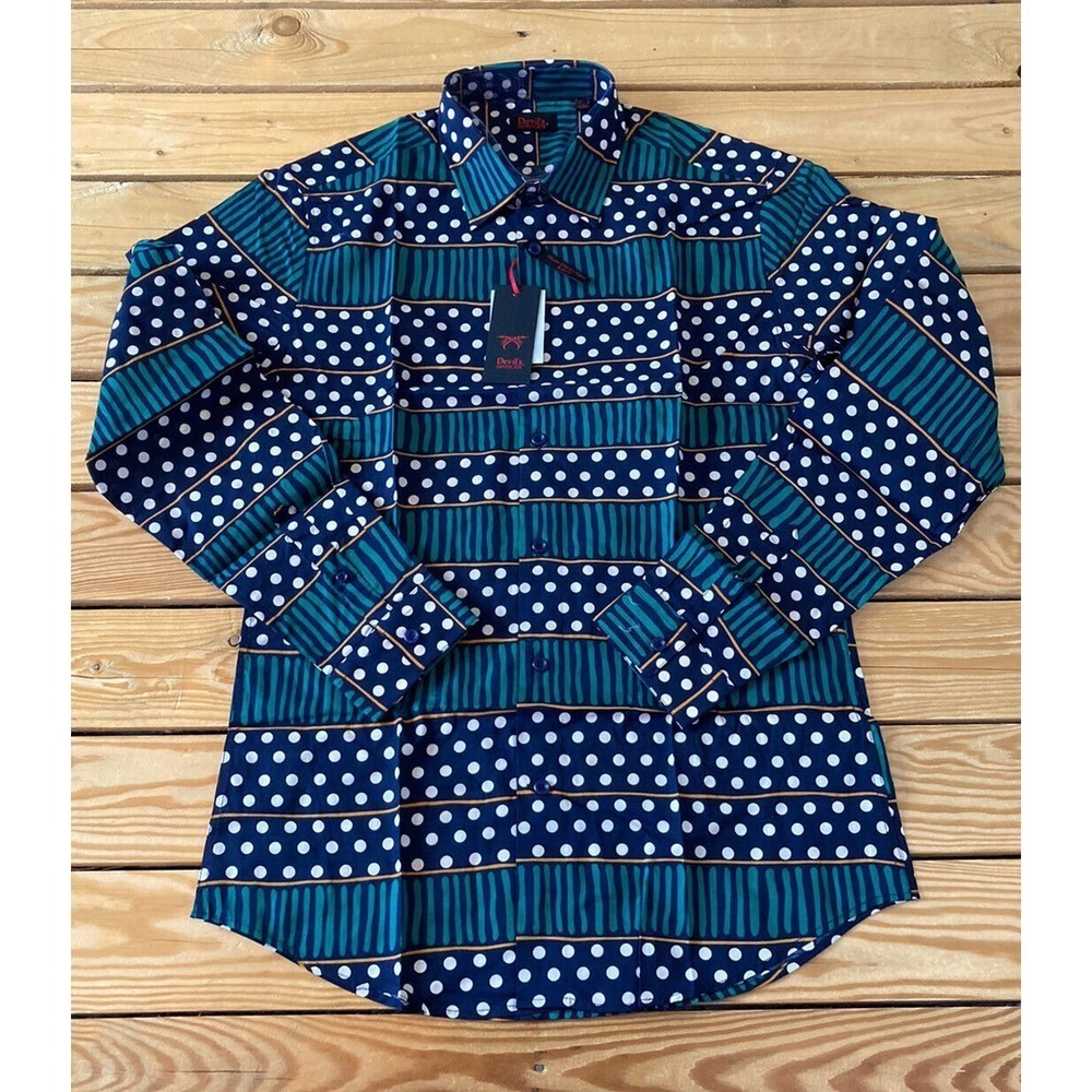 NWT Devils Advocate Button Up Shirt Medium Spots & Stripes Navy Green MSRP $55